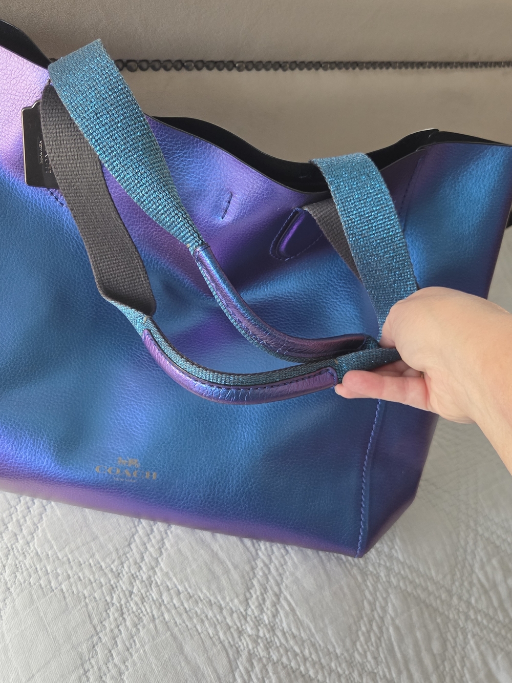 Coach Iridescent Purple-Blue Leather Tote - Picture 7 of 9